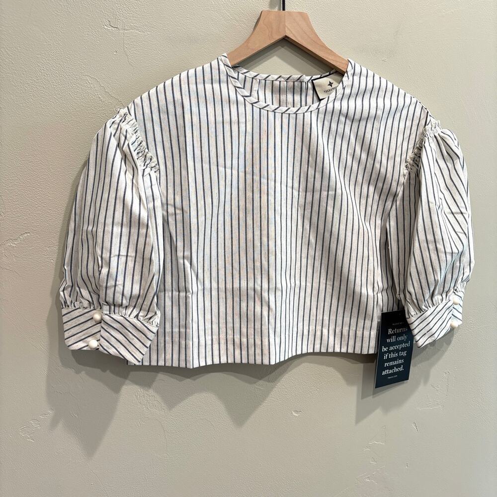 NWT Tuckernuck Edie Linen Puff Sleeve Crop Top in Blue Stripe - Size: Medium - Picture 9 of 12